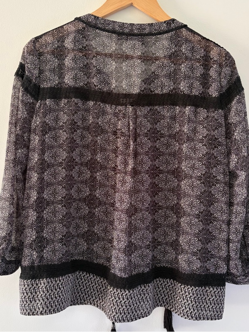 The Kooples Size Large Black & Gray Lace-Up Patterned Sheer Blouse Boho Flowy - Picture 10 of 14